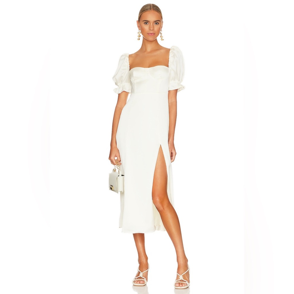 WeWoreWhat Puff Sleeve Sweetheart Midi Dress Ivory Satin